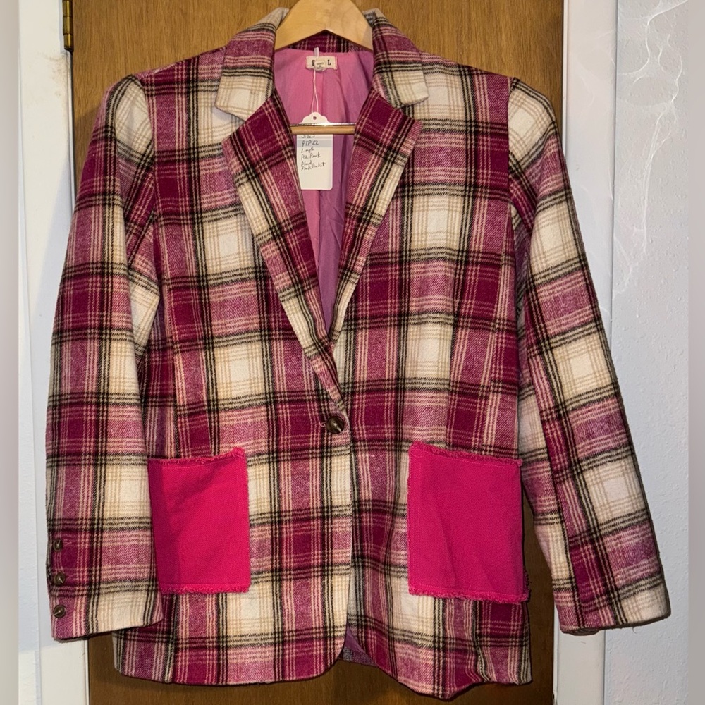 POL Pink Plaid Jacket with Pink Pockets, Size S